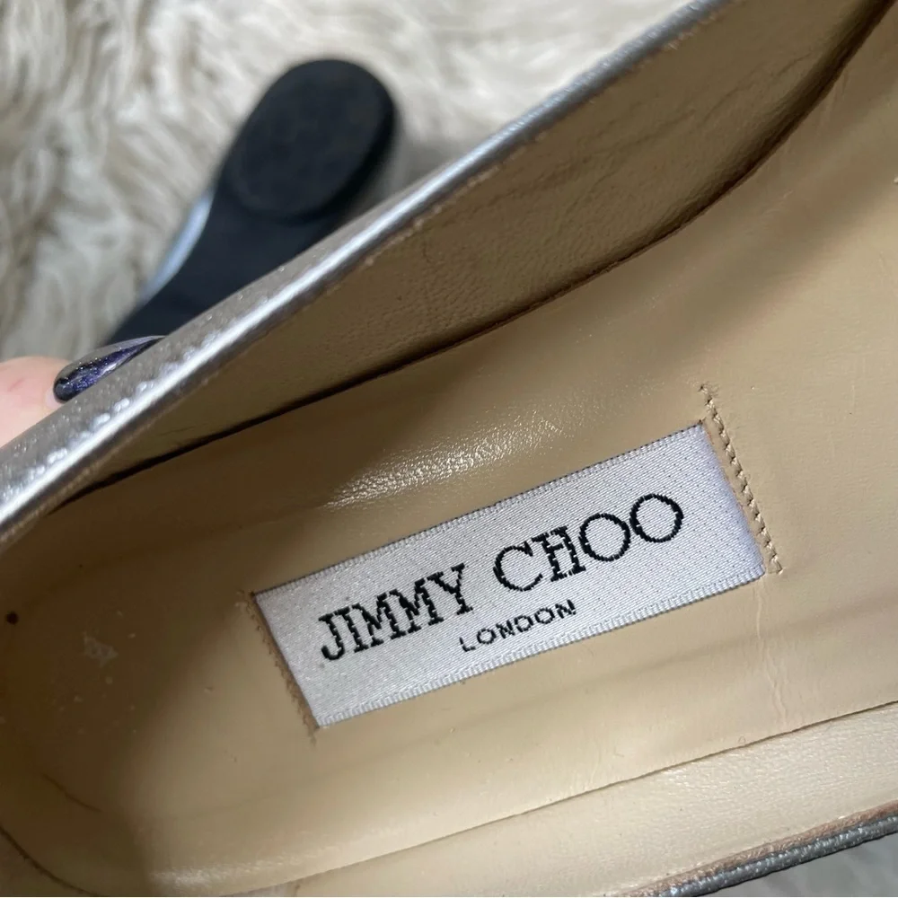 Jimmy Choo Watson Silver Metallic Calf Leather Studded Accents Ballet Flats 37